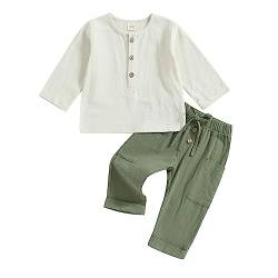 Lerrita Baby Jungen Baumwolle-Leinen Hosenanzug 2 Teiliges Bekleidungssets Für Jungen Leinen Knopfleiste Langarmshirt +Elastische Hossen Baby Jungen Baumwolle Sommer Outfits Weiche Einfarbige Babyset von Lerrita