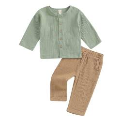 Lerrita Baby Jungen Baumwolle-Leinen Hosenanzug 2 Teiliges Bekleidungssets Für Jungen Leinen Knopfleiste Langarmshirt +Elastische Hossen Baby Jungen Baumwolle Sommer Outfits Weiche Einfarbige Babyset von Lerrita