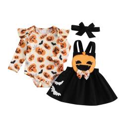 Lerrita Baby Mädchen Halloween Hosenträger Rock Set Halloween Kürbis Prinzessin Rock Set My 1st Halloween Outfit Langarm Rüschen Bodysuit Sweatshirt +Fledermaus/Kürbis/Geist Rock+Stirnband von Lerrita