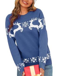 Leversic Damen Weihnachtspullover Langarm Strickpulli Warme Strickpullover, Christmas Sweater Weihnachten Xmas Jumper Feinstrick, 610-Blau, L von Leversic