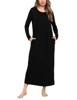 Leversic Nachthemden für Damen Schlafshirt Nachtkleid Baumwolle Nachthemd Damen Lang mit Rundhalsausschnitt und Plissierter Verzierung, Schwarz, XL von Leversic