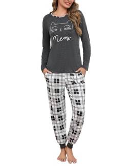 Leversic Schlafanzug Damen Lang Kariert Zweiteiliger Pyjama Set, Rundhals Oberteil und Schlafanzughose Loungewear Hausanzug Baumwolle Nachtwäsche, Dunkelgrau, S von Leversic