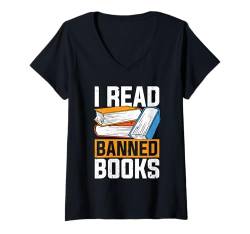 Damen Ich lese verbotene Bücher, Schulbibliothekar, Buchliebhaber, Bibliothekar T-Shirt mit V-Ausschnitt von Librarian Designs for Librarians