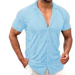 Lidssacde Hemd Kurzarm Herren Stretch Sommerhemden Einfarbig Basic Knopfleiste Herrenhemden Reversausschnitt Kurze Ärmel Sommer Westernhemd (03-Blue, XXXXL) von Lidssacde