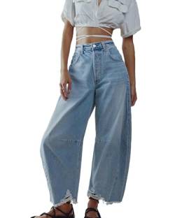 Damen Baggy Denim Pants Casual Raw Hem Loose Fit High Rise Wide Leg Barrel Jeans, Hell, blau, M von LifeShe