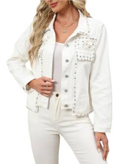 LifeShe Damen-Jeansjacke mit Perlen und Strasssteinen, Jeans-Blazer, Mantel, Weiss/opulenter Garten, Large von LifeShe