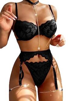 Lilosy Sexy Choker Floral Spitze Bügel Push Up Strumpfgürtel Dessous Set für Frauen Sheer BH und Panty 3 Stück, Kette schwarz, Small von Lilosy