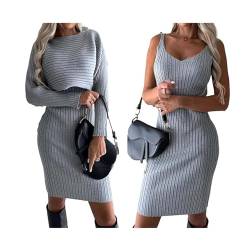 LinZong Knit Pullover Sweater and Cami Dress 2 Piece Sets,Women's Long Sleeve Crop Tops and Tank Sling Dress Outfits (Grey, L) von LinZong