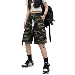 Linsennia Cargo Shorts Damen Camouflage hoch taillierte Y2k Bermuda Shorts mit Taschen Knielang Casual (#021 Army Green,M) von Linsennia