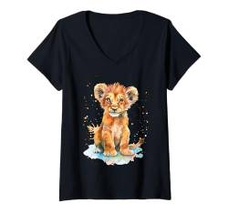 Damen Aquarell Löwe Baby T-Shirt mit V-Ausschnitt von Lion Baby Design