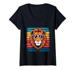 Damen Löwe Retro Löwen Zoo Tier T-Shirt mit V-Ausschnitt von Lion Lions Funny Lion Lover