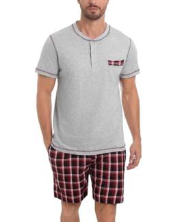 Litherday Pyjamas Set Herren Kurz Schlafanzug Sommer Zweiteiliger Kurzarm Nachtwäsche aus 100% Baumwolle Pyjama Sleepwear Kurze Hose mit 2 Tasche, Grau+rot+dunkelblau, XXL von Litherday