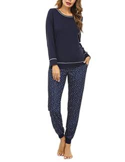 Litherday Schlafanzug Damen Pyjama Lang Baumwolle Nachtwäsche Winter Pyjama Set Star Zweiteiliger mit Rundhals Sleepwear, Dunkelblau, XXL von Litherday