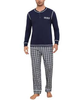 Litherday Schlafanzug Herren Lang Kariert Zweiteiliger Pyjamas Set mit Rundhals Nachtwäsche aus Baumwolle Winter Pyjama, Dunkelblau, XL von Litherday