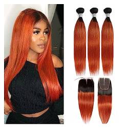 Human Hair Bundles Orange gerade Echthaar-Bündel, 4x4-Spitzenverschluss mit Bündeln, brasilianische Ombre-Haarwebart, burgunderrote Bündel mit Verschluss, Remy-Echthaar for Frauen Haarteil Extensions( von Lizhuzhuzs28