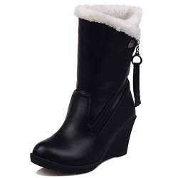 Lizoleor Damen Fell Lined Warm Halbschaft Keilabsatz Schneestiefel Runde Zehen Draußen Plateau Heel Shearling Stiefeletten Schwarz Gr 48 EU/50Cn von Lizoleor