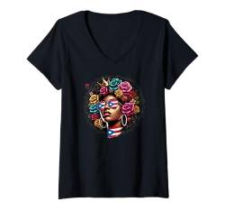 Damen Afro Boricua Flowers Sonnenbrille Kronkönigin Mit Flagge Von T-Shirt mit V-Ausschnitt von Llego El Boricua