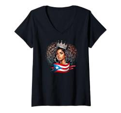 Damen Afro Boricua Königin Schöne Latina Puerto Ricanische Flagge T-Shirt mit V-Ausschnitt von Llego El Boricua