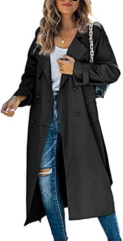 Lässiger langer Trench-Mantel für Damen, winddicht, mit Gürtel, einfarbig, zweireihig, Reverskragen, Windbreaker, Jacke, Frühling, Herbst, S-2XL, Schwarz , M von Loalirando