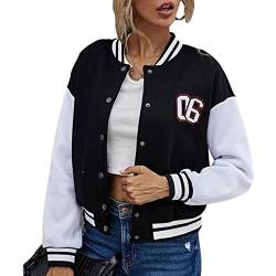 Loalirando Kurze Jacke für Damen, Frühling, College, Baseballjacke, Uniform, Einreihiger Mantel, Buchstaben, Stickerei, Bomber, für Mädchen S-L, Schwarz , S von Loalirando