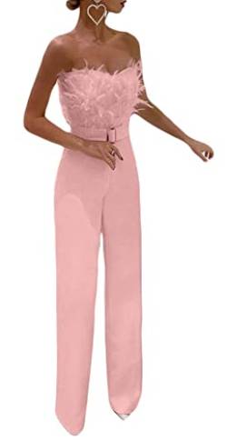 Loalirando Schöner Damen Jumpsuit Feder Hosenanzug Bandeau Top Playsuit Hochzeit Business Overall Frühling Einteiler (Hellrosa, L) von Loalirando