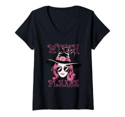 Damen Modischer Halloween-Cartoon-Entwurf einer Hexe in Rosa T-Shirt mit V-Ausschnitt von Lobro Design