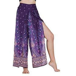 Lofbaz Schlitzbein Palazzo Yogahose für Frauen Mädchen Mutterschaft Summer Beach Hoch taillierte Boho Haremshose Damenbekleidung Peacock 1 Violett und Gold S von Lofbaz