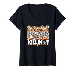 Damen Gruseliges Halloween Tanzendes Skelett mit lustigem Spruch T-Shirt mit V-Ausschnitt von Logiamerch Halloween