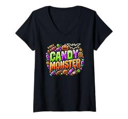 Damen Lustiges gruseliges Halloween, Candy Lover Monster T-Shirt mit V-Ausschnitt von Logiamerch Halloween