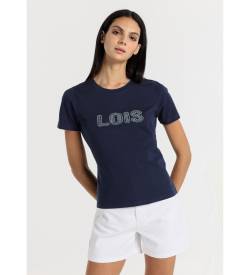 Lois Jeans für Damen. 422662500 Kurzärmeliges T-Shirt mit marineblauem Strass-Logo (S), Lässig, Baumwolle, Kurzarm von Lois Jeans