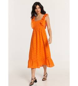 Lois Jeans für Damen. 447922483 Orangefarbenes trägerloses, gestanztes Midikleid mit Rüschen (L), Lässig, Baumwolle, Ärmellos / Hosenträger von Lois Jeans