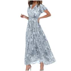 Sommerkleid Damen Maxi Lang Sommer V Ausschnitt Off Shoulder Spring Sexy Style Maxikleider Leicht Boho Elegant Floral Dresses Rückenfrei Damenkleid for Women Grau XXL von Lomelomme