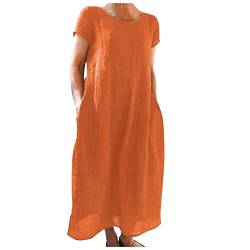 Sommerkleid Damen Leinenkleider Sommer Rundhalsausschnitt Kurzarm Lose Freizeitkleid Boho Langes Kleid Große Größen Damen Maxikleid Strandkleider Einfarbig Leicht Kleid Summer Dress (Orange-A, XXXXXL) von Longra