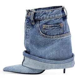 Longxuanwen Vintage-Denim-Stiefel, knöchelhoch, kurze Stiletto-Stiefel für Damen, Jeans mit Metallschnalle, Taschen-Stil, spitzer Zehenbereich, Retro-Stiefel, modisch, gerüscht, Cowboy, lässig, von Longwenxuan