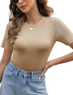 Lonya Damen T-Shirt Sommer Tops Elegant Kurzarm Tee Shirts Ribbed Casual Rundhals Oberteil Slim Fit Basic Shirts Leichter Kaffee,S von Lonya