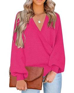 LookbookStore Damen Strickpullover mit langen Ärmeln, Kunstwickel, V-Ausschnitt, Oberteil, Magenta, Groß von Lookbook Store