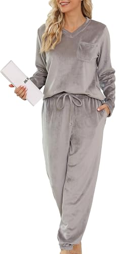 Lovasy Fleece Schlafanzug Damen Winter Lang Velour Warm Pyjama Set Langarm Hausanzug Schlafanzüge für Damen mit Taschen,Hellgrau,M von Lovasy