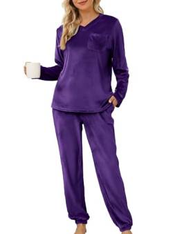 Lovasy Fleece Schlafanzug Damen Winter Lang Velour Warm Pyjama Set Langarm Hausanzug Schlafanzüge für Damen mit Taschen,Lila,XXL von Lovasy