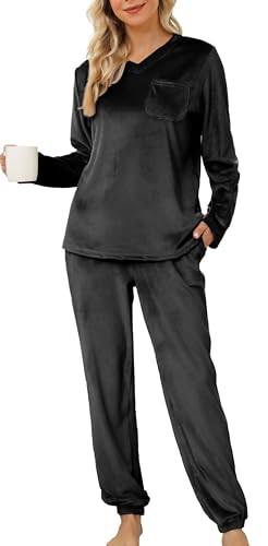 Lovasy Frottee Schlafanzug Damen Winter Fleece Pyjama Set Warm Flauschig Langarm Schlafanzüge für Damen mit Taschen,Schwarz,XL von Lovasy