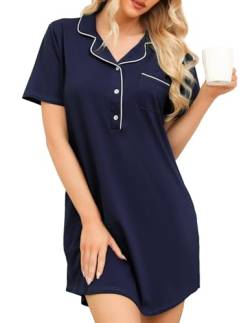 Lovasy Nachthemd Damen Baumwolle Kurzarm Schlafshirt mit Knopfleiste Nachtkleid Loungwear Sommer Pyjama mit Taschen,Marineblau,M von Lovasy