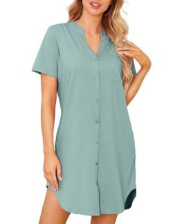 Lovasy Nachthemd Damen Kurzarm Baumwolle Schlafshirt mit Durchgehende Knopfleiste Big Shirt Damen Nachthemd Stillen Geburtshemd mit Taschen,Hellgrün,M von Lovasy