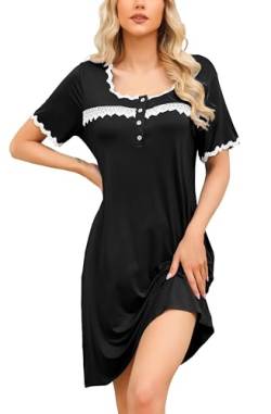 Lovasy Nachthemd Damen Kurzarm Nachtkleid mit Knopfleiste Spitze Blumendruck Pyjama Loungwear mit Taschen,Schwarz,L von Lovasy