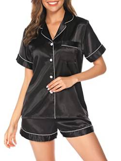 Lovasy Satin Schlafanzug Damen Kurz Kurzarm Pyjamas Set mit Knöpfen Seiden Nachtwäsche V-Ausschnitt Zweiteiliger Pjs Sets Hausanzug,Schwarz, M von Lovasy