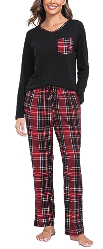 Lovasy Schlafanzüge für Damen Winter Lang Pyjama Set Langarm V-Ausschnitt Hausanzug 2-teilig Schlafanzug Damen Karierte Pyjamahose mit Taschen,rot,S von Lovasy