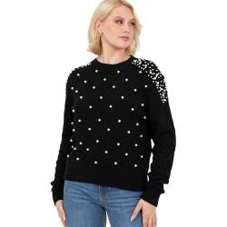 Lovedrobe Women's Crew Neck Jumper Ladies Cable Knit Long Sleeve Sweater Pearl Embellished Pullover Smart Casual Knitwear, Schwarz 52-54 von Lovedrobe