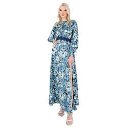 Lovedrobe Women's Maxi Dress Ladies Long Sleeve Satin Floral Lace Trim Round Crew Neck Slit Split Open Back A-line Wedding Guest, Blue, 46 von Lovedrobe