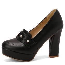 Lroey Reoly Damen Blockieren Fersenpumps, Höhe Ferse Pumpe Runde Zehen Ohne Verschluss Party Schuhe mit Plateau Blumes Mode Nccibe Schwarz Gr 48 EU von Lroey Reoly