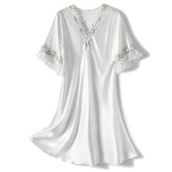 Lu's Chic Damen Satin Nachthemd Sommer Luxus Weiche Spitze Kurzarm V Ausschnitt Schlafshirt Nachtwäsche, Weiß, Medium von Lu's Chic