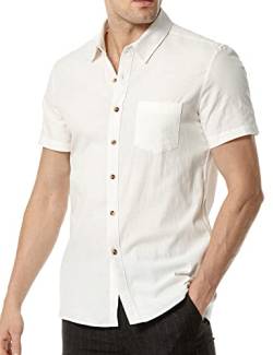 LucMatton Herren Casual Stretch Baumwolle Leinen Kurzarm Button Down Shirt Sommer Atmungsaktiv Slim Fit Tops, weiß, L von LucMatton