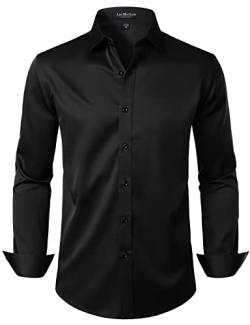 LucMatton Herrenhemd, formell, dehnbar, knitterfrei, langärmelig, schmale Passform, Button-Down-Shirt, für Hochzeit, Party, Schwarz, L von LucMatton